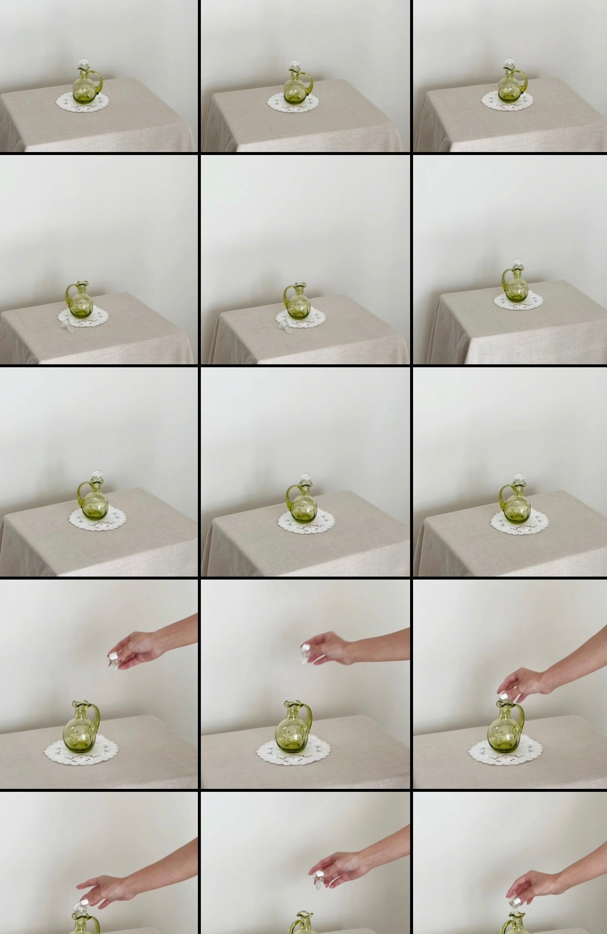 Handblown green pinched glass cruet with clear glass stopper