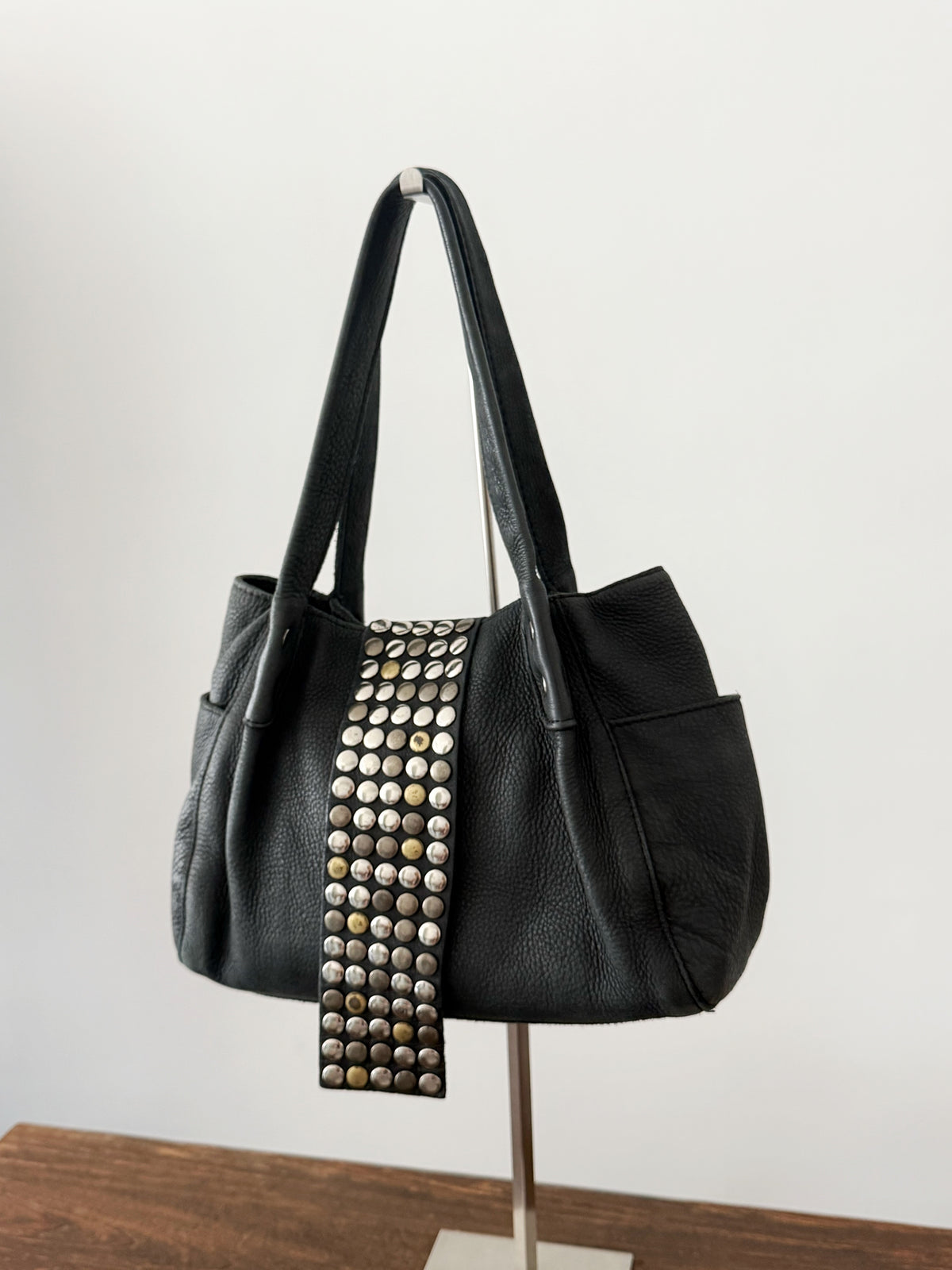 03. Tres grey slouchy leather studded tote