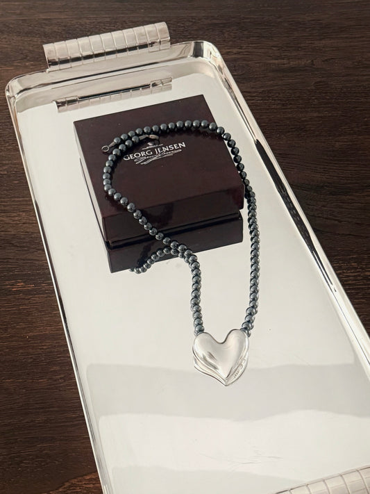 02. Georg Jensen 1980s hematite bead large heart necklace 247b