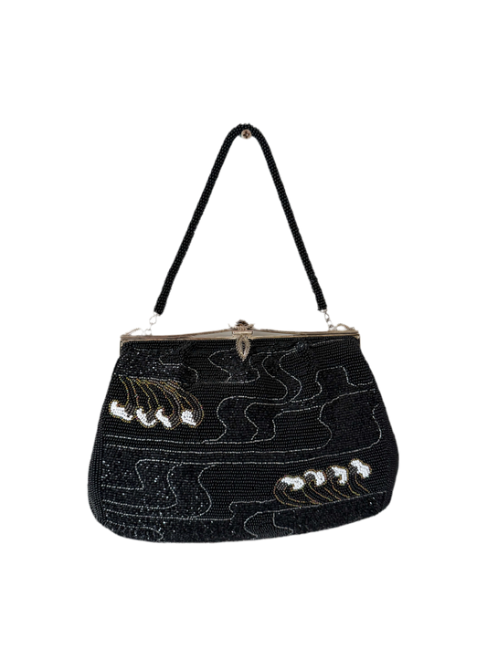 Wave motifs black beaded bag