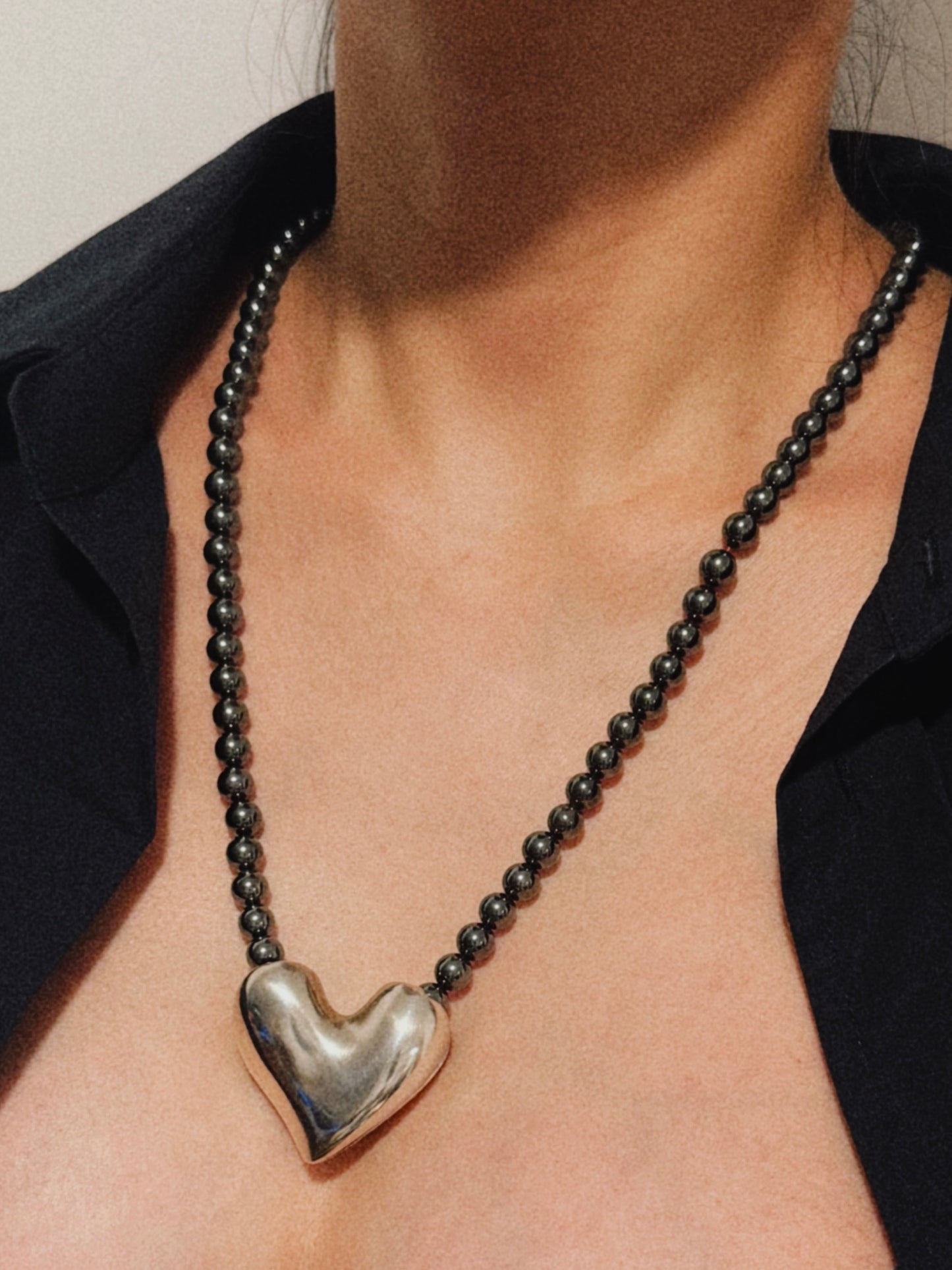 02. Georg Jensen 1980s hematite bead large heart necklace 247b