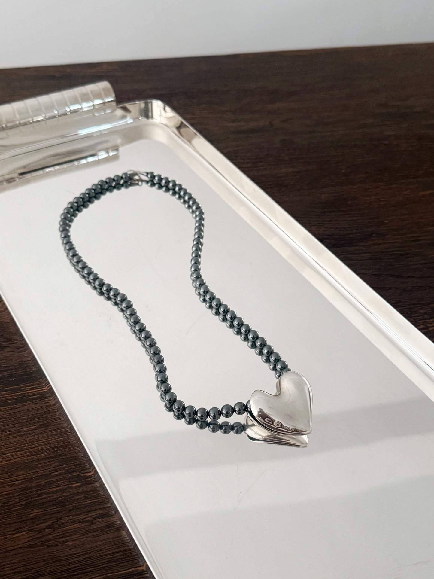 02. Georg Jensen 1980s hematite bead large heart necklace 247b