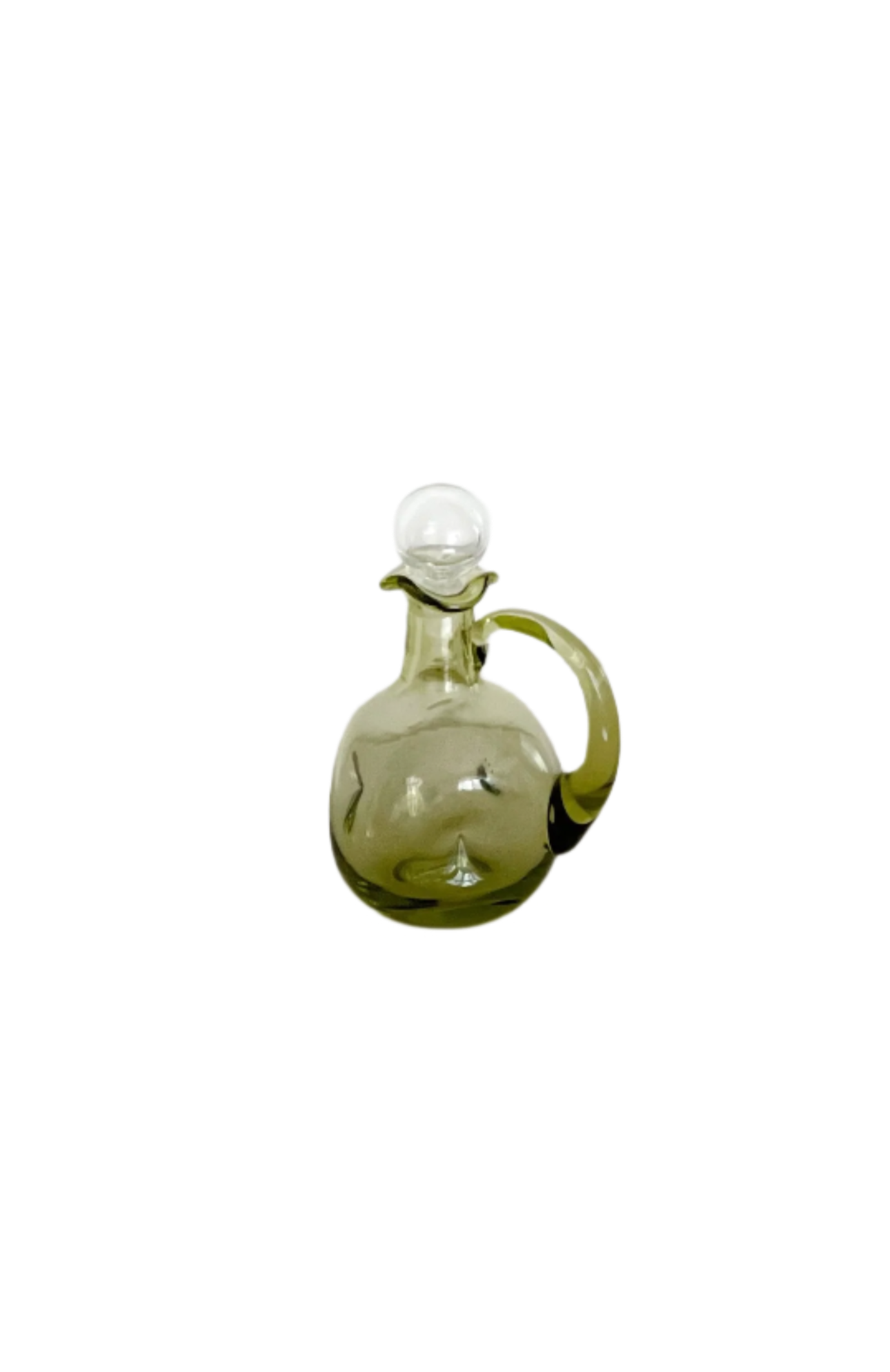 Handblown green pinched glass cruet with clear glass stopper