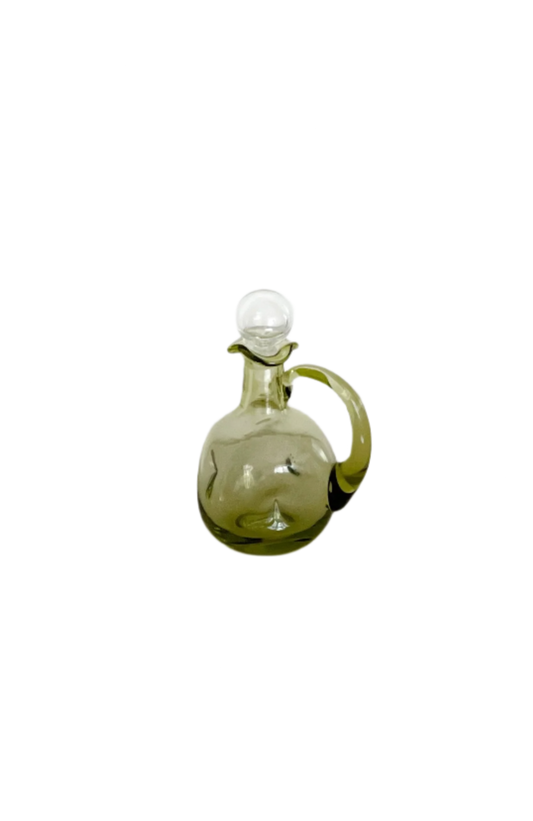 Handblown green pinched glass cruet with clear glass stopper